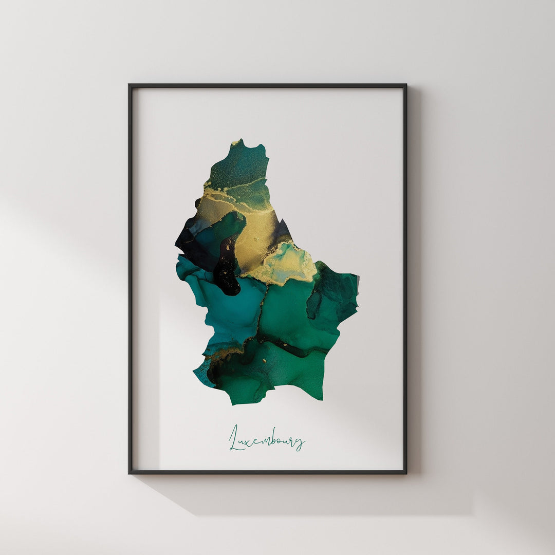 Luxembourg Map Emerald Green and Gold Wall Art Print
