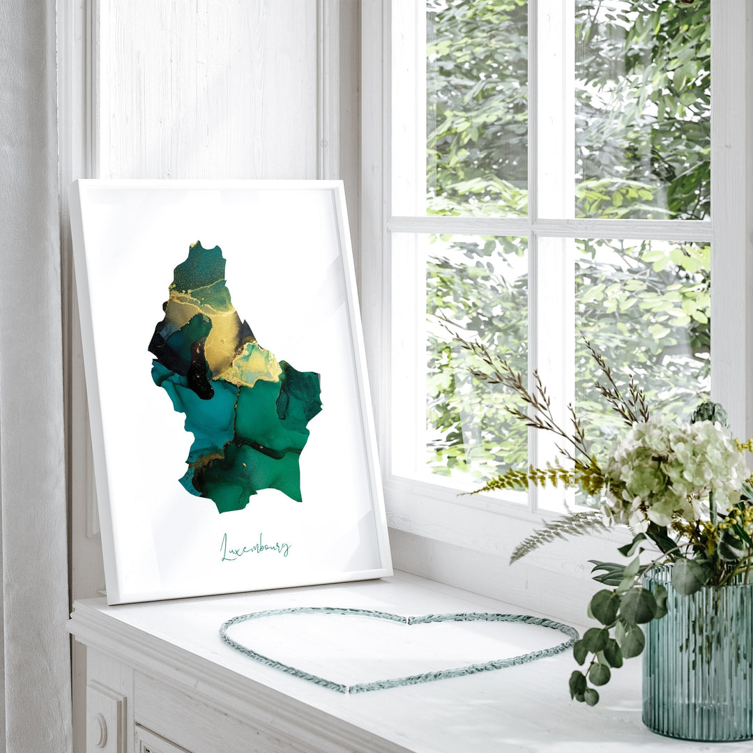 Luxembourg Map Emerald Green and Gold Wall Art Print