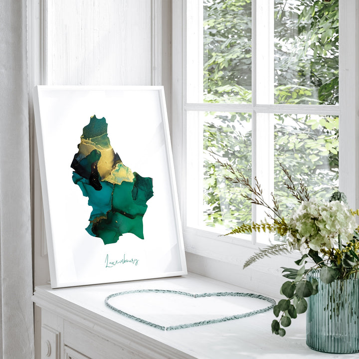 Luxembourg Map Emerald Green and Gold Wall Art Print