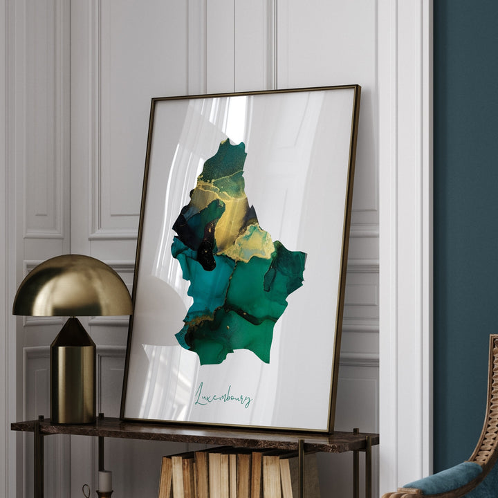 Luxembourg Map Emerald Green and Gold Wall Art Print