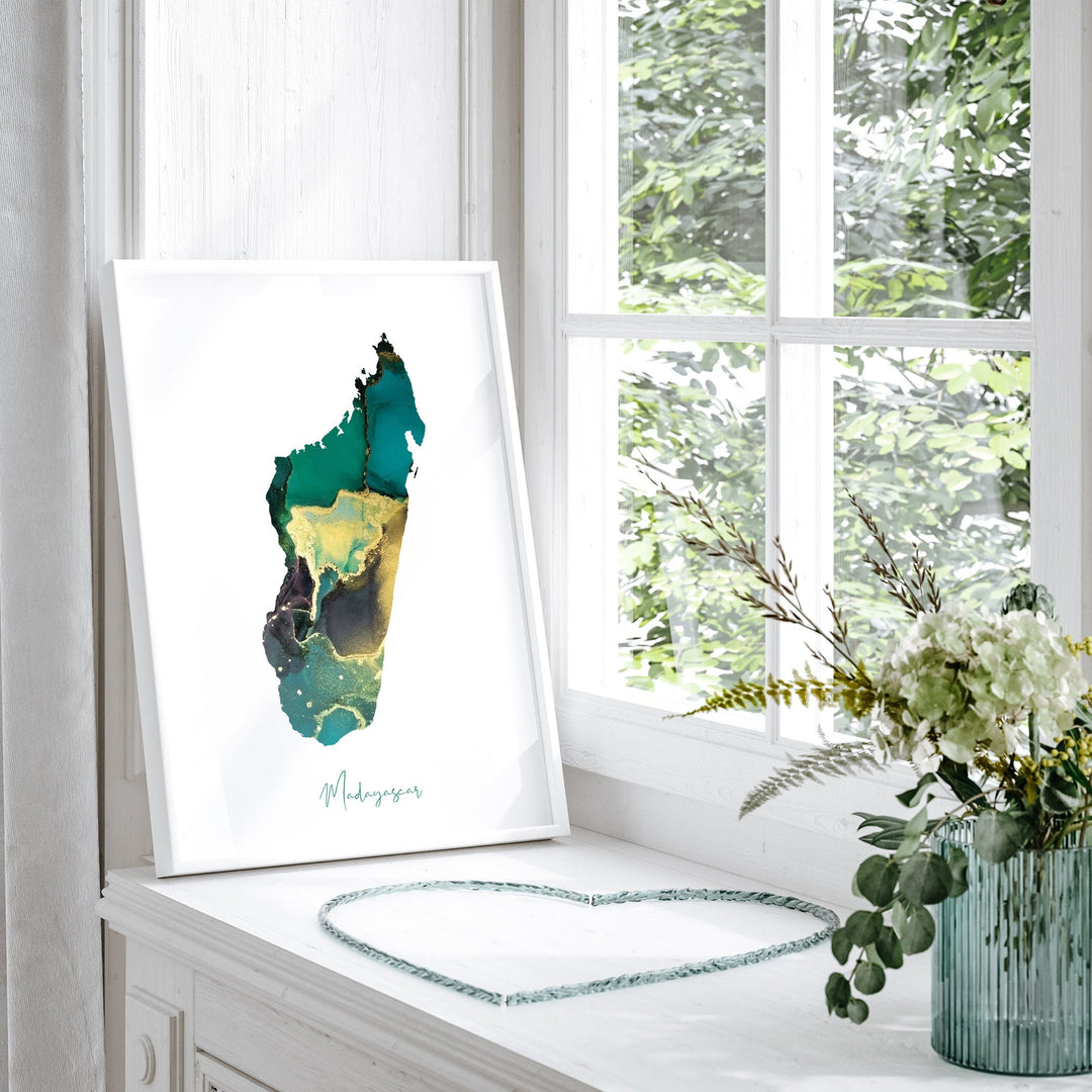 Madagascar Map Emerald Green and Gold Wall Art Print