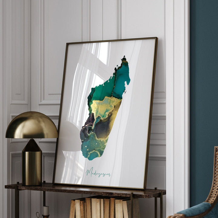 Madagascar Map Emerald Green and Gold Wall Art Print