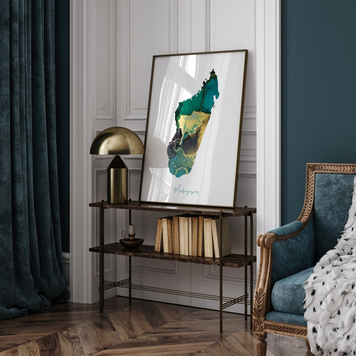 Madagascar Map Emerald Green and Gold Wall Art Print