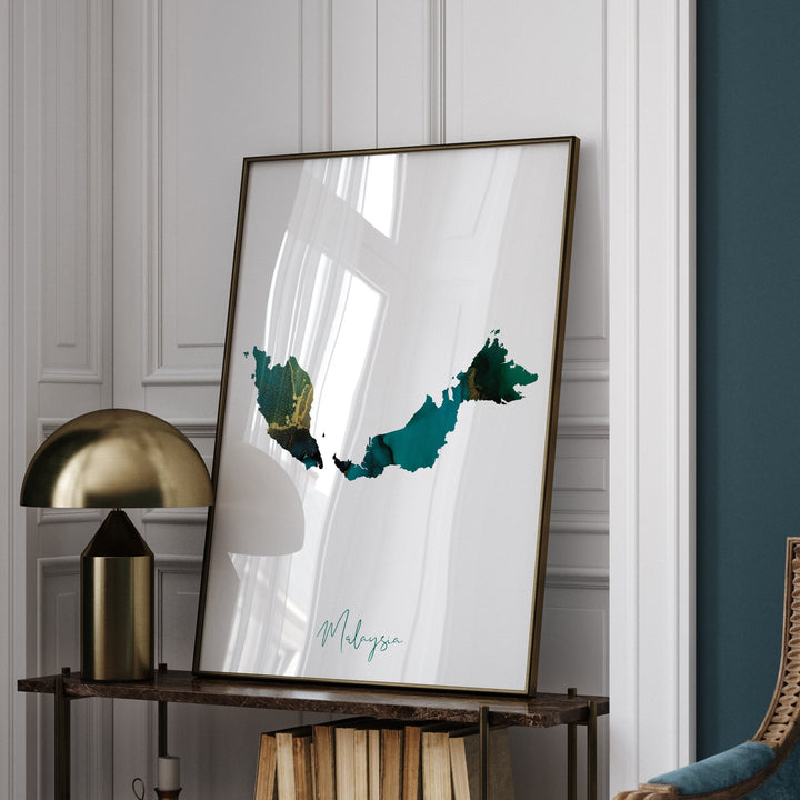 Malaysia Map Emerald Green and Gold Wall Art Print