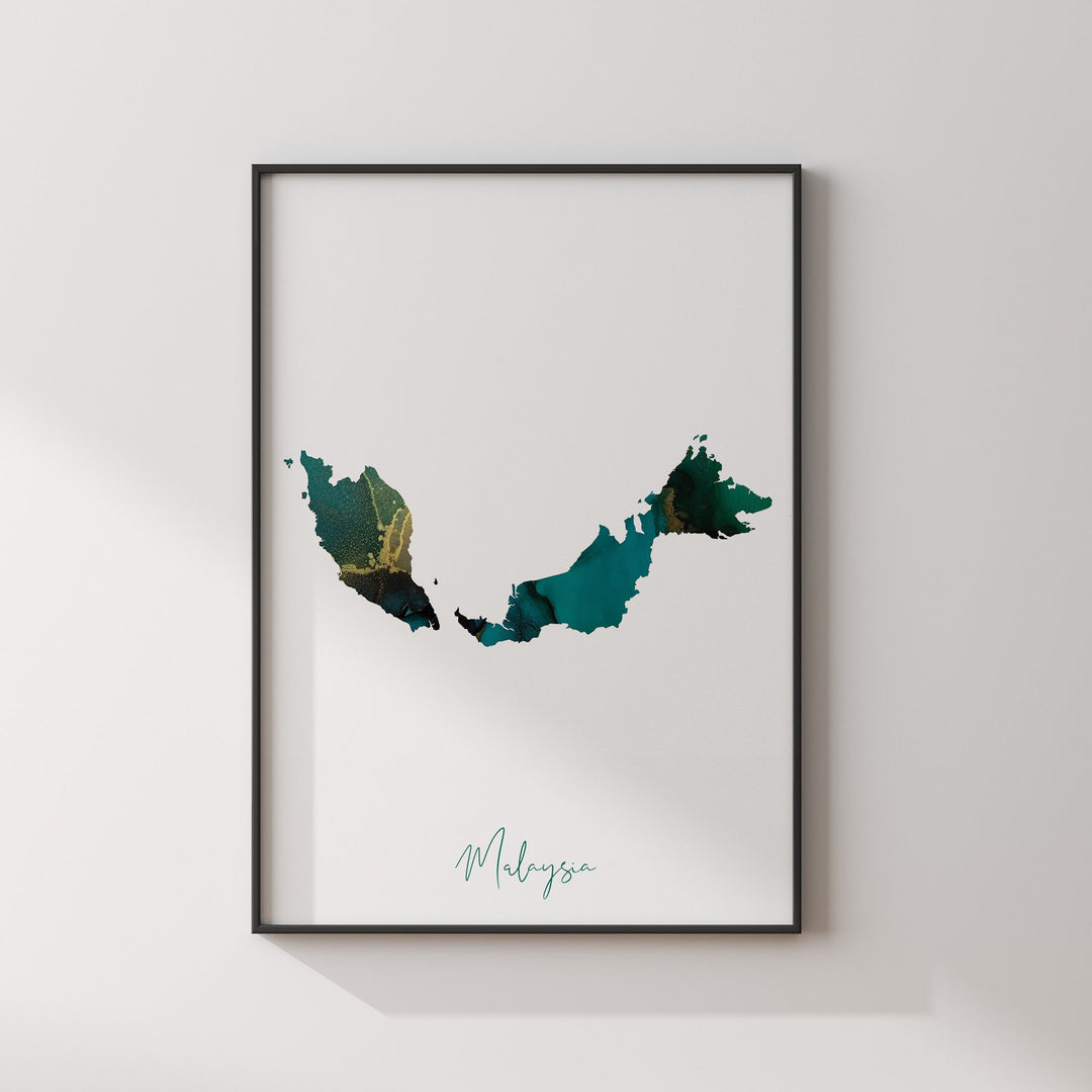 Malaysia Map Emerald Green and Gold Wall Art Print