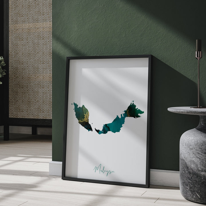 Malaysia Map Emerald Green and Gold Wall Art Print