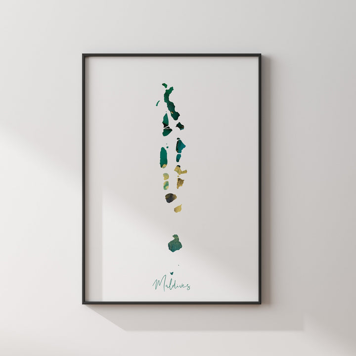 Maldives Map Emerald Green and Gold Wall Art Print
