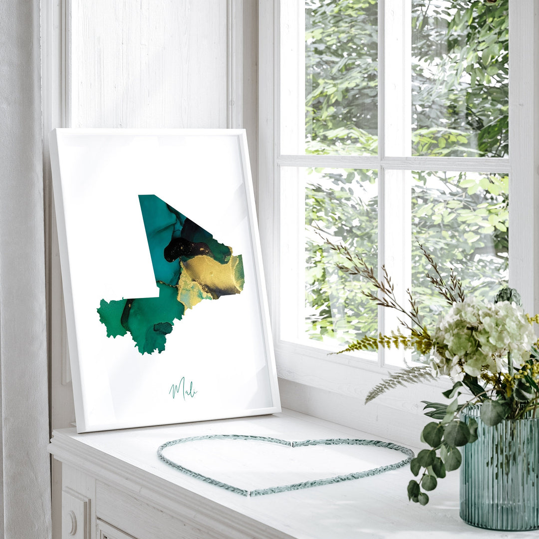 Mali Map Emerald Green and Gold Wall Art Print