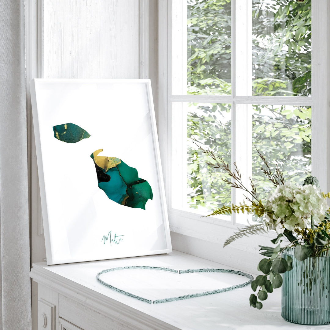 Malta Map Emerald Green and Gold Wall Art Print