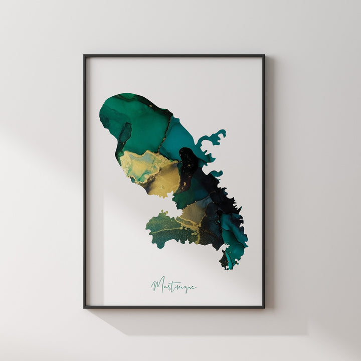 Martinique Map Emerald Green and Gold Wall Art Print