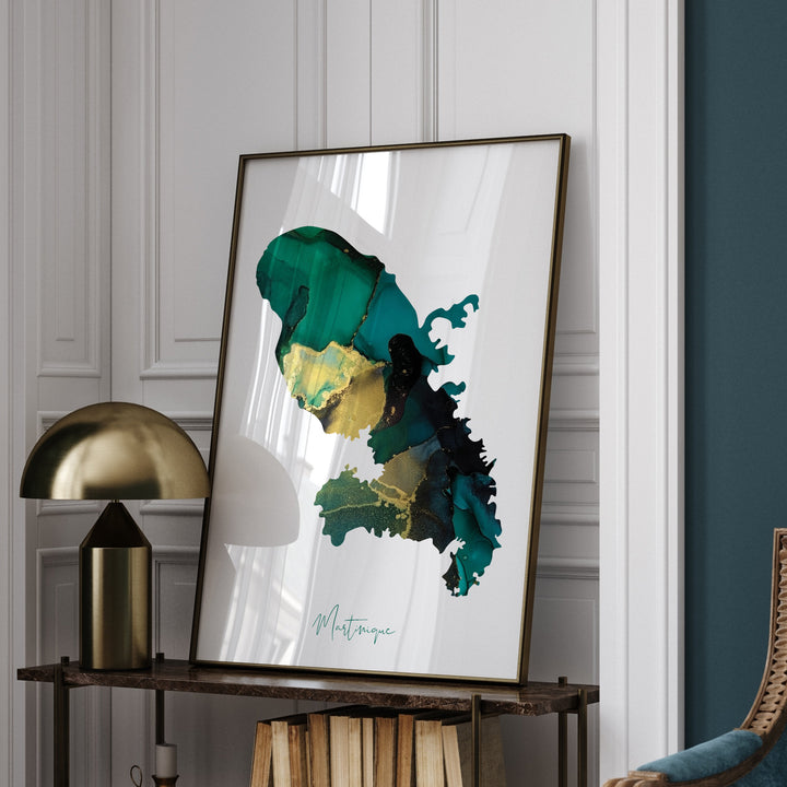 Martinique Map Emerald Green and Gold Wall Art Print