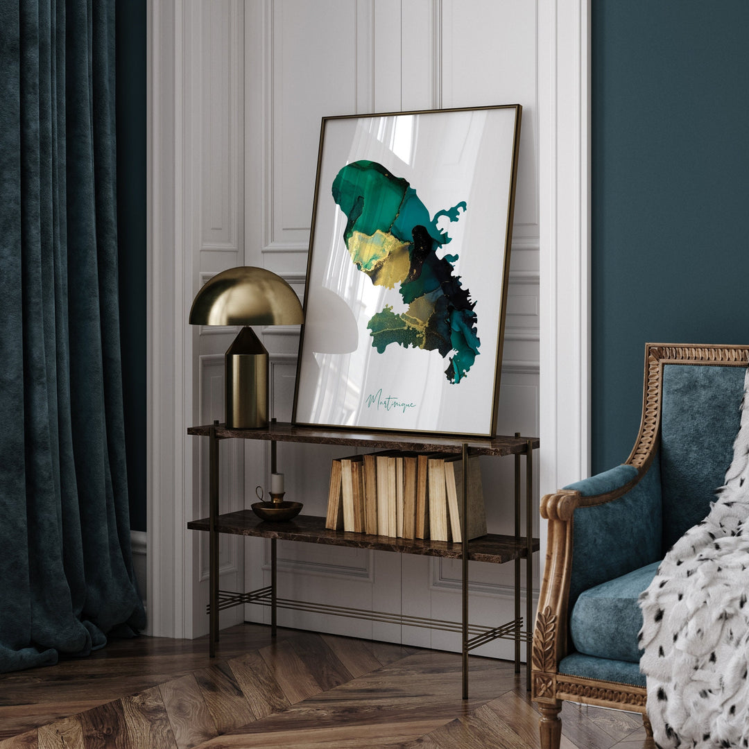 Martinique Map Emerald Green and Gold Wall Art Print