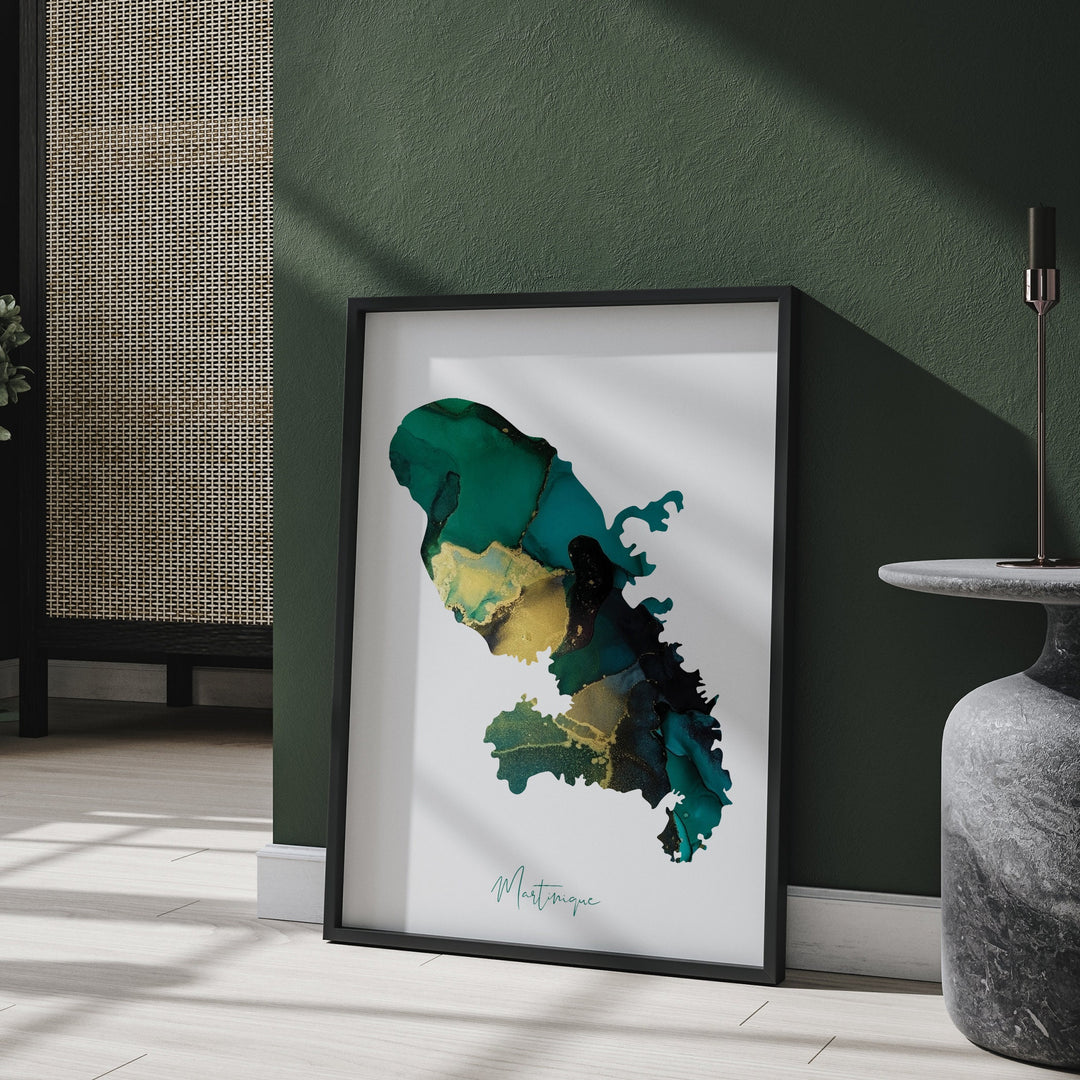Martinique Map Emerald Green and Gold Wall Art Print