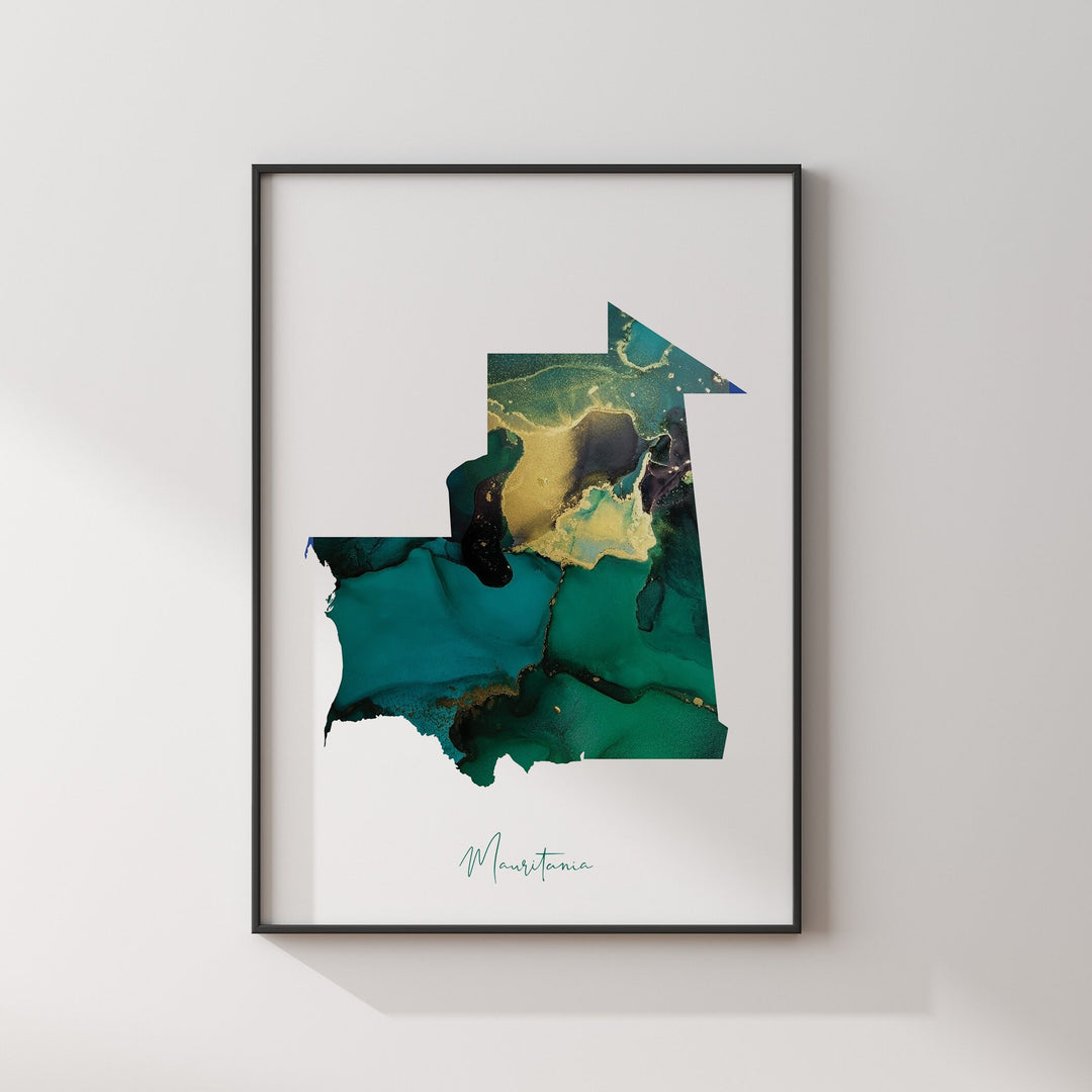 Mauritania Map Emerald Green and Gold Wall Art Print