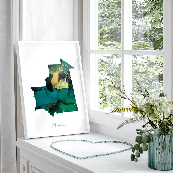 Mauritania Map Emerald Green and Gold Wall Art Print