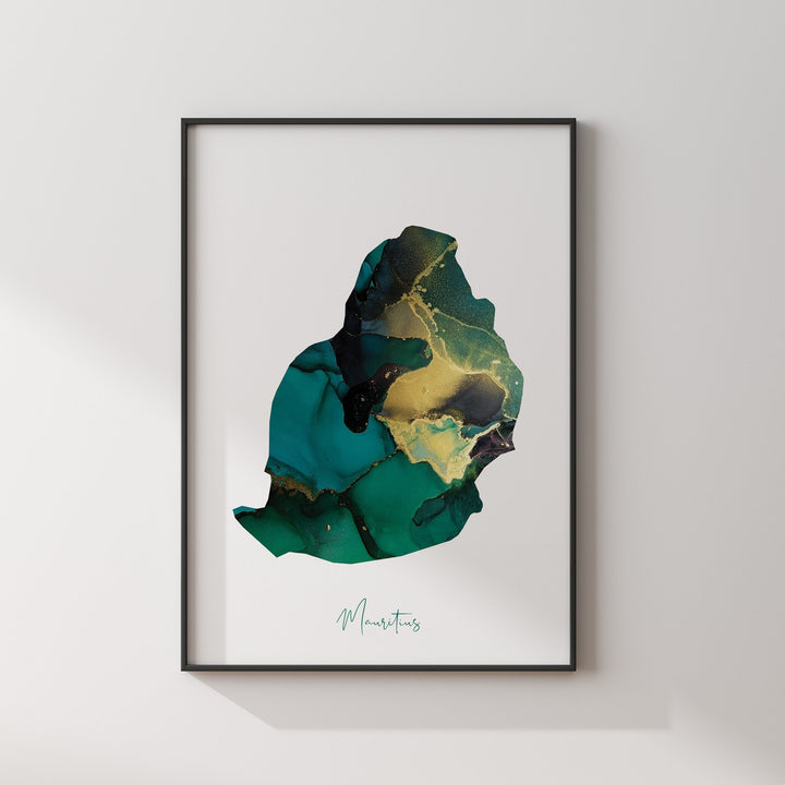 Mauritius Map Emerald Green and Gold Wall Art Print