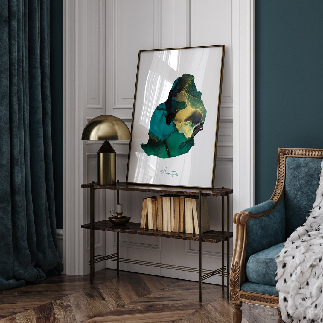 Mauritius Map Emerald Green and Gold Wall Art Print