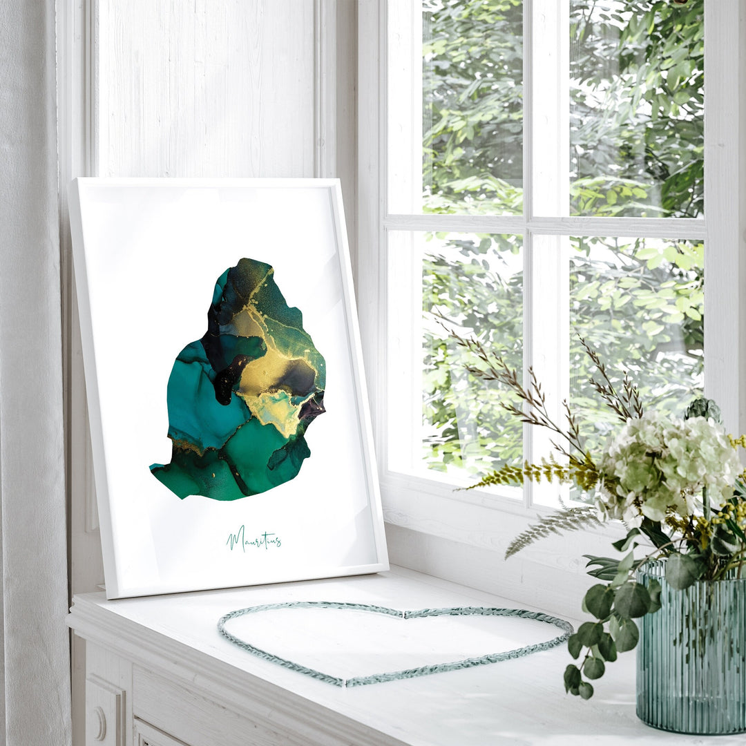 Mauritius Map Emerald Green and Gold Wall Art Print