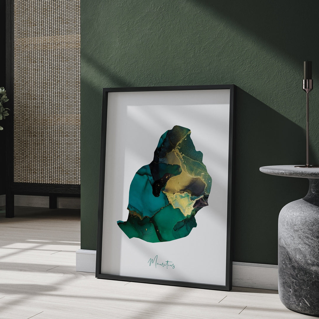Mauritius Map Emerald Green and Gold Wall Art Print