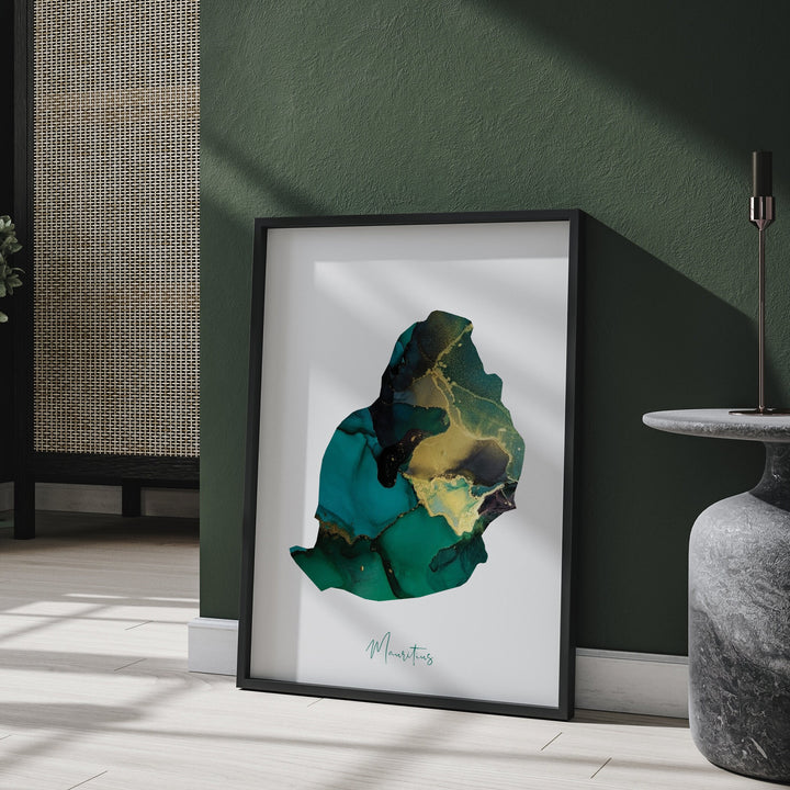 Mauritius Map Emerald Green and Gold Wall Art Print