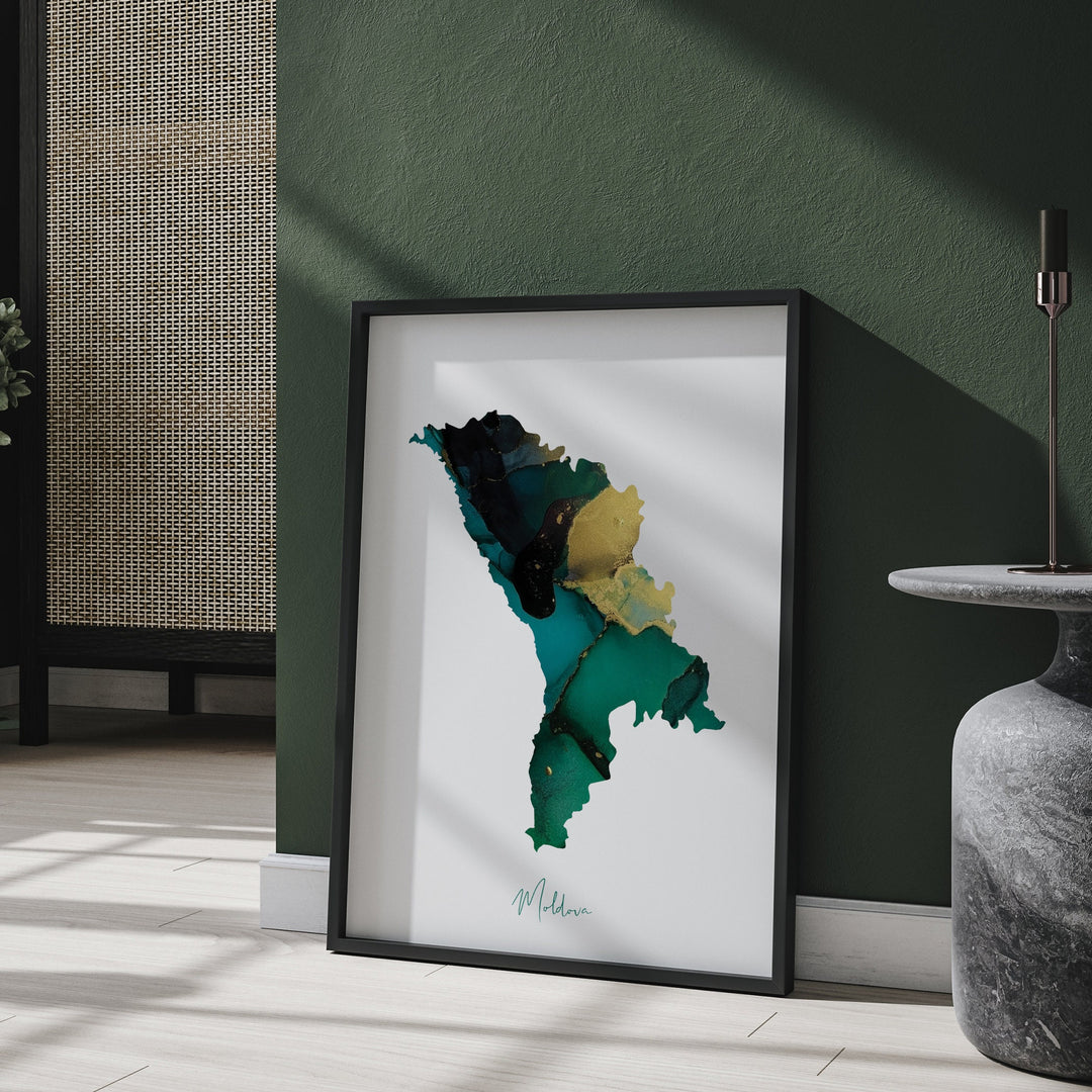Moldova Map Emerald Green and Gold Wall Art Print