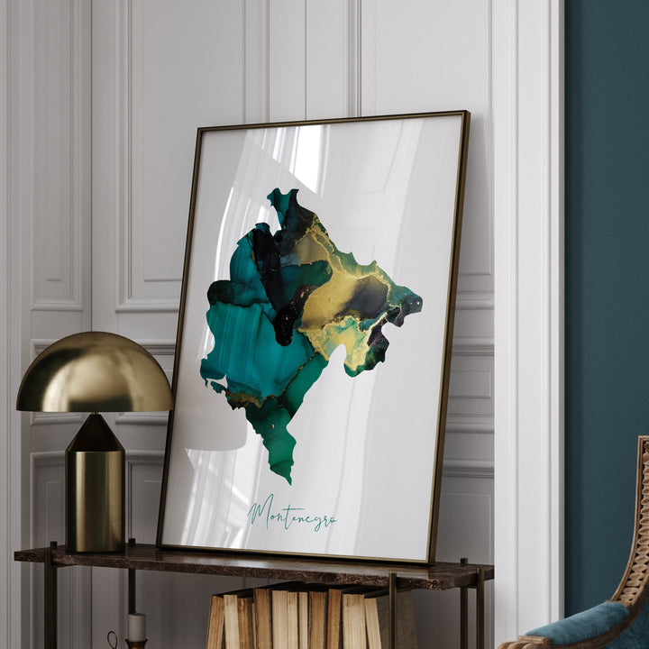 Montenegro Map Emerald Green and Gold Wall Art Print