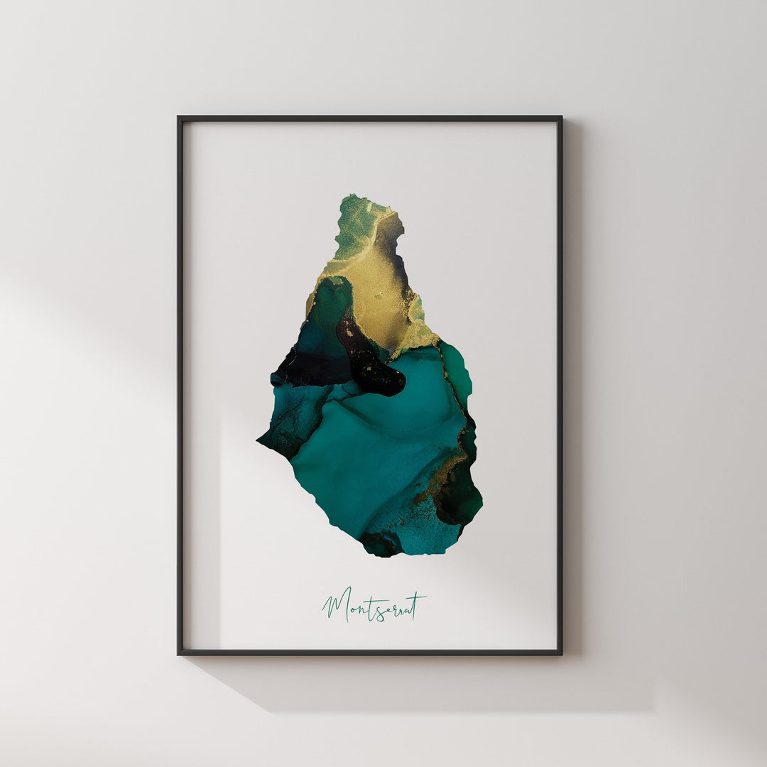 Montserrat Map Emerald Green and Gold Wall Art Print