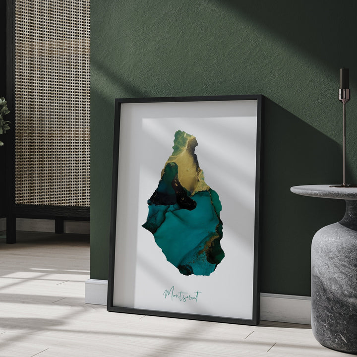 Montserrat Map Emerald Green and Gold Wall Art Print