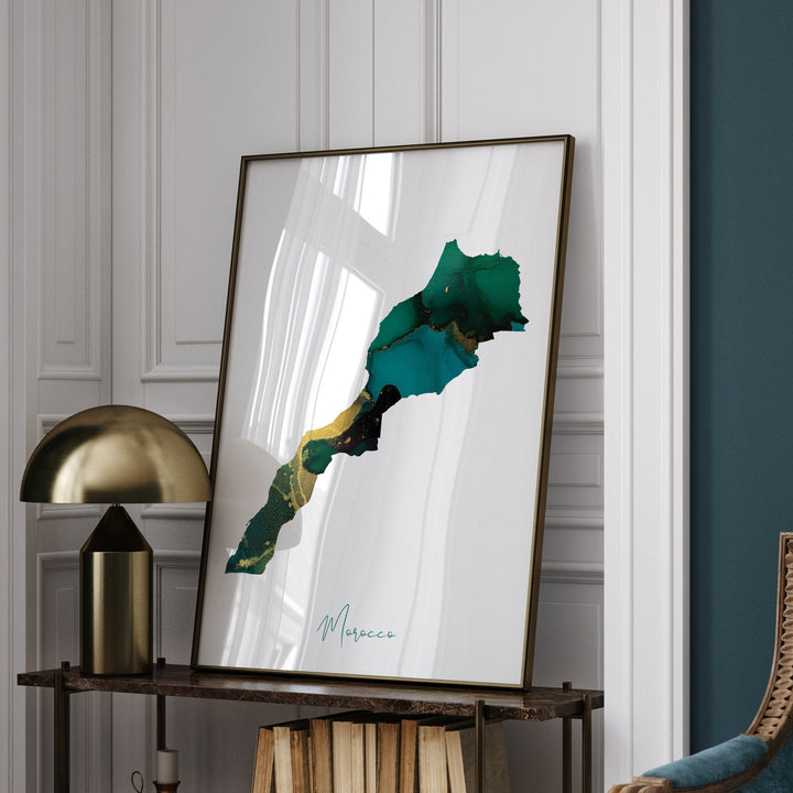 Morocco Map Emerald Green and Gold Wall Art Print