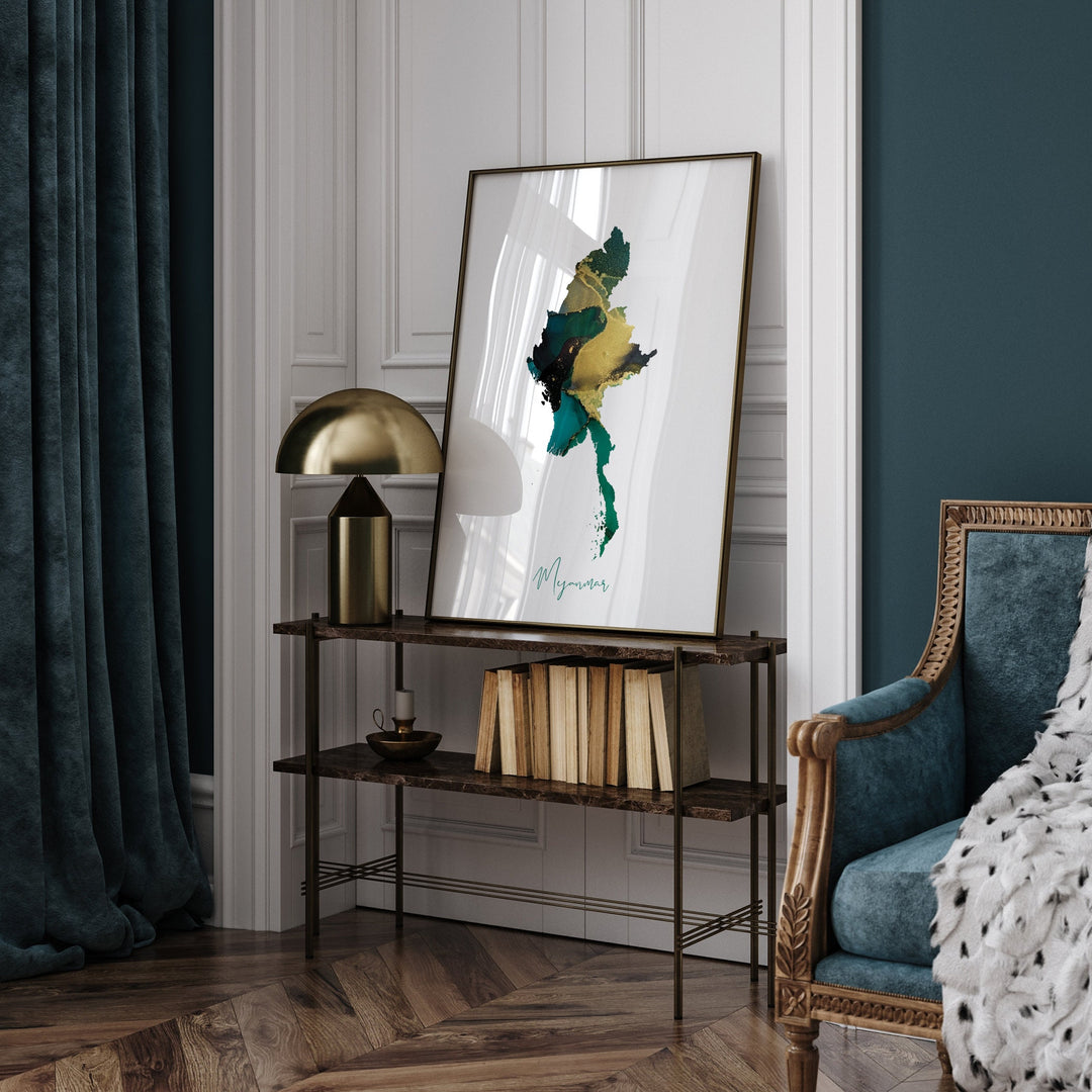 Myanmar Map Emerald Green and Gold Wall Art Print