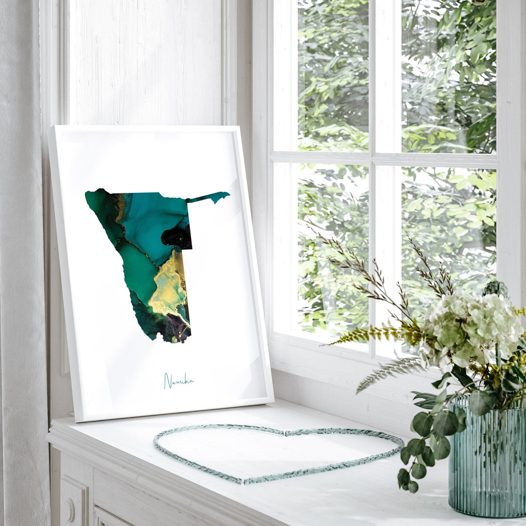 Namibia Map Emerald Green and Gold Wall Art Print