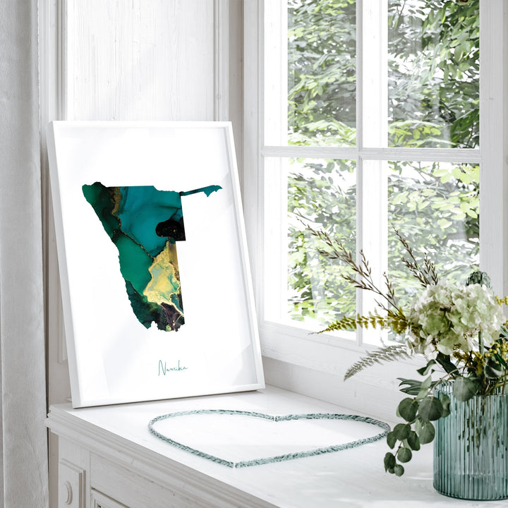 Namibia Map Emerald Green and Gold Wall Art Print