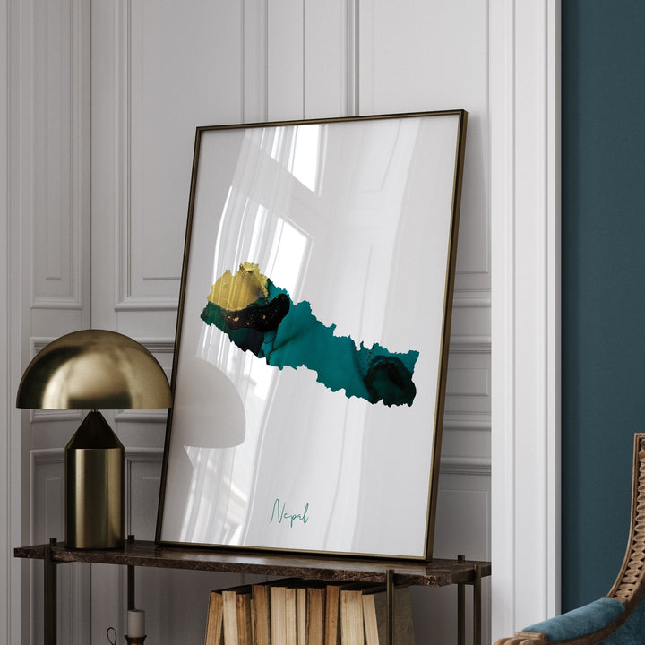 Nepal Map Emerald Green and Gold Wall Art Print