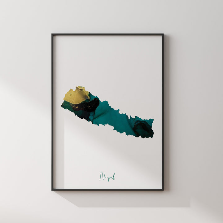 Nepal Map Emerald Green and Gold Wall Art Print