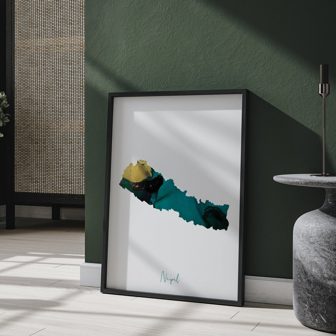 Nepal Map Emerald Green and Gold Wall Art Print
