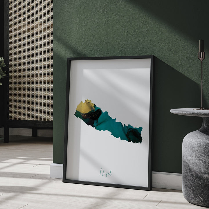 Nepal Map Emerald Green and Gold Wall Art Print