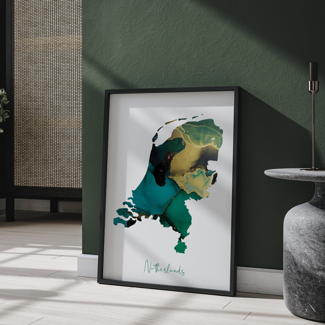 Netherlands Map Emerald Green and Gold Wall Art Print