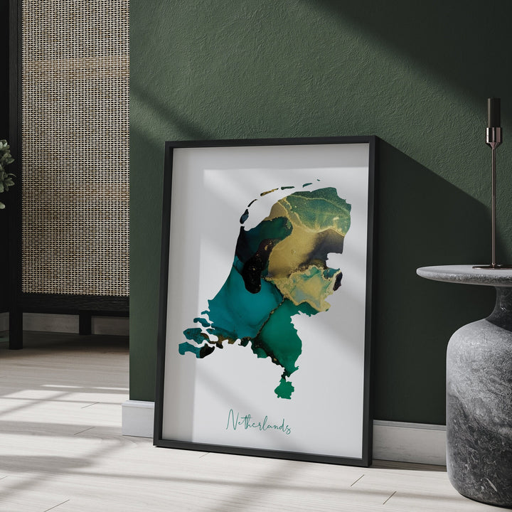 Netherlands Map Emerald Green and Gold Wall Art Print