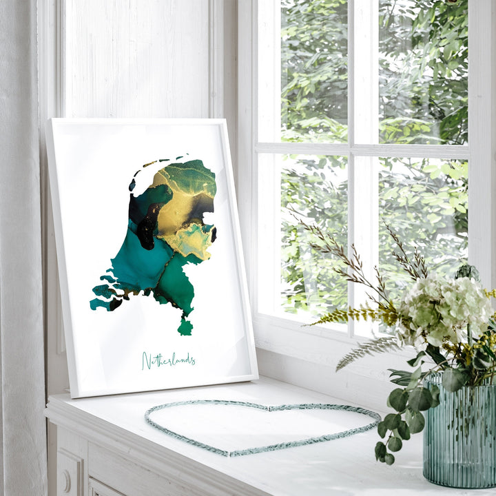 Netherlands Map Emerald Green and Gold Wall Art Print
