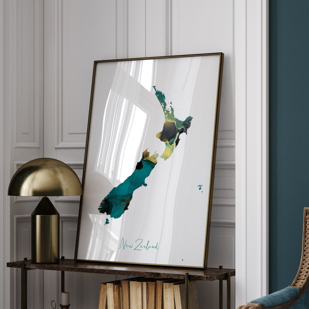 New Zealand Map Emerald Green and Gold Wall Art Print