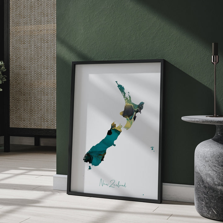 New Zealand Map Emerald Green and Gold Wall Art Print
