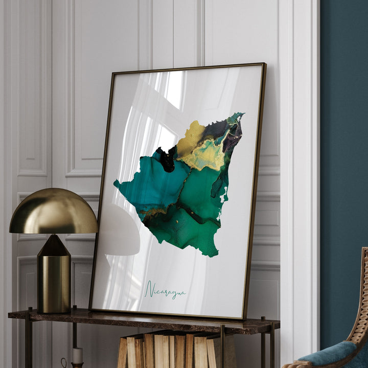 Nicaragua Map Emerald Green and Gold Wall Art Print