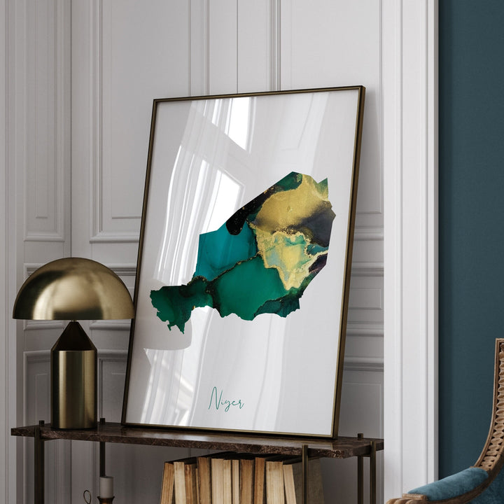 Niger Map Emerald Green and Gold Wall Art Print