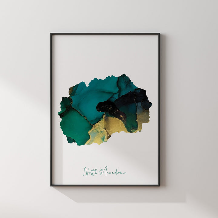 North Macedonia Map Emerald Green and Gold Wall Art Print