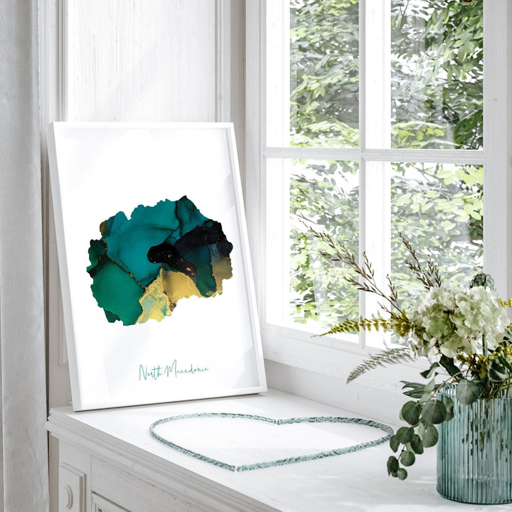 North Macedonia Map Emerald Green and Gold Wall Art Print