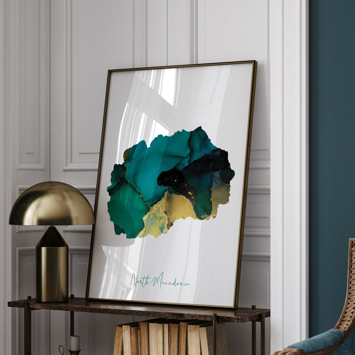 North Macedonia Map Emerald Green and Gold Wall Art Print