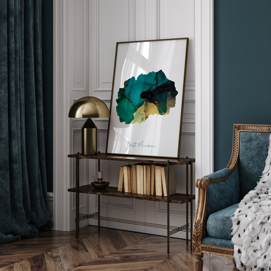North Macedonia Map Emerald Green and Gold Wall Art Print