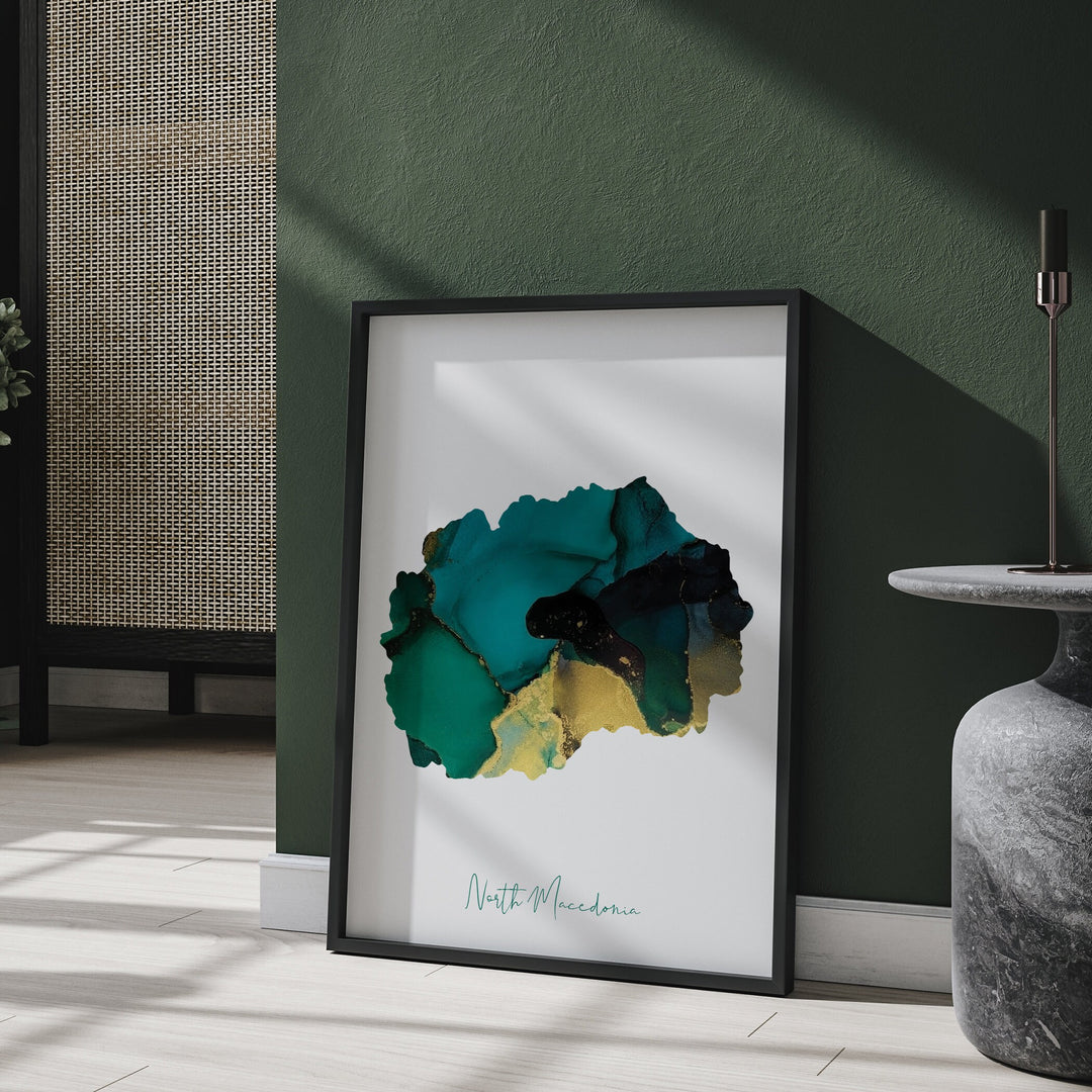 North Macedonia Map Emerald Green and Gold Wall Art Print