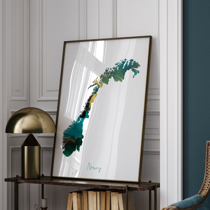 Norway Map Emerald Green and Gold Wall Art Print