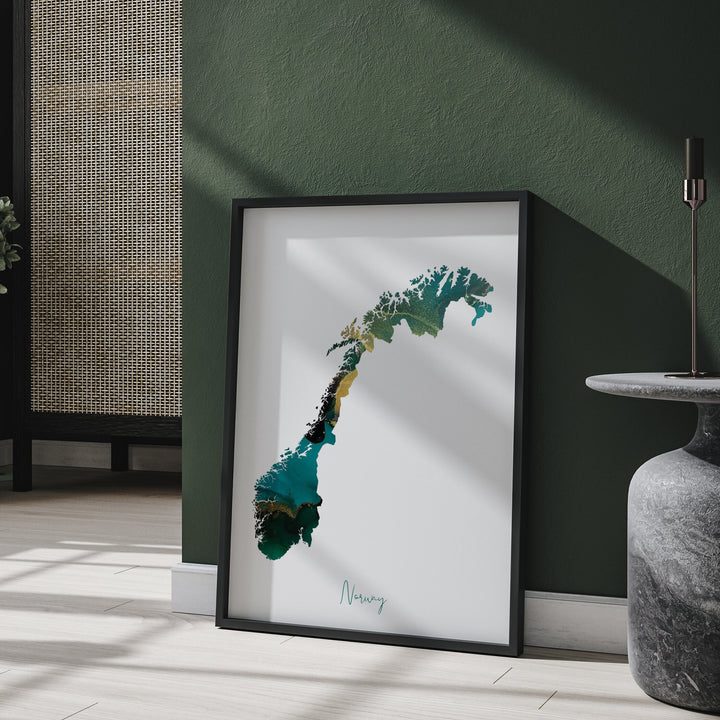 Norway Map Emerald Green and Gold Wall Art Print